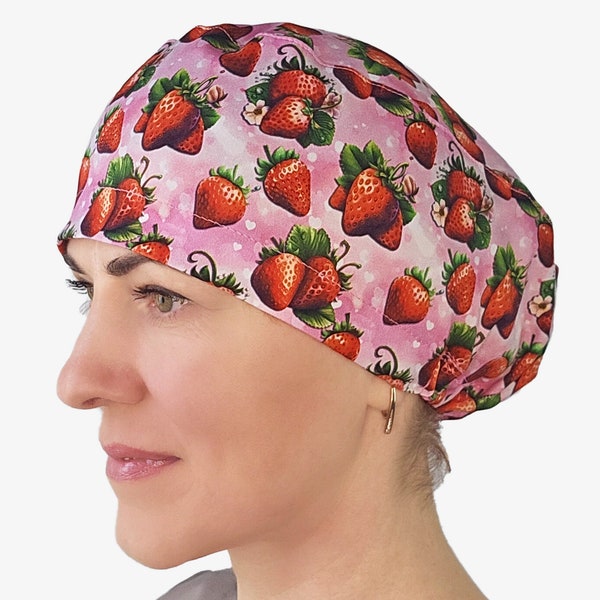 Strawberry scrub cap, euro surgical hat with toggle, fruit scrub hats, nurse cap with buttons