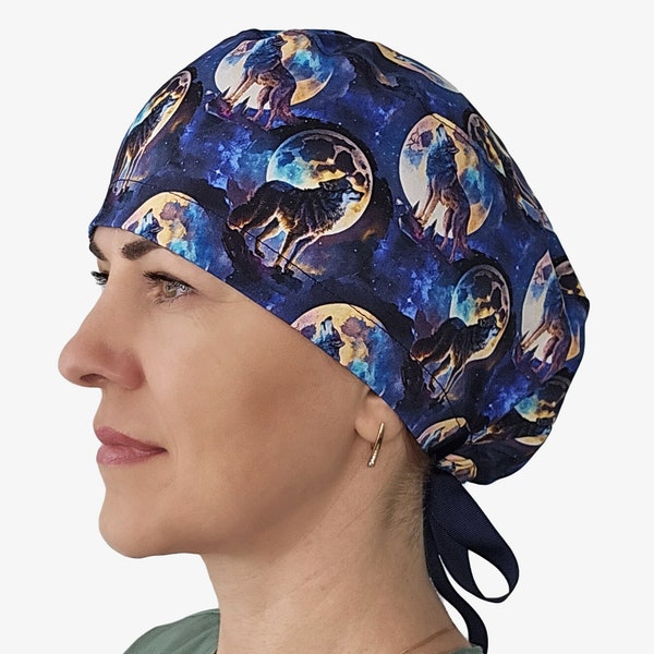 Scrub cap with wolves, ponytail scrub cap for women, surgical cap, euro scrub cap