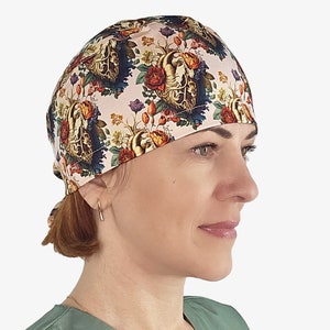 Cardio scrub cap for women, Heart ponytail scrub hat, Anatomy surgical cap with buttons