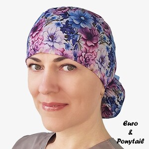 Scrub caps for women, floral euro surgical hat, ponytail scrub hat for nurses