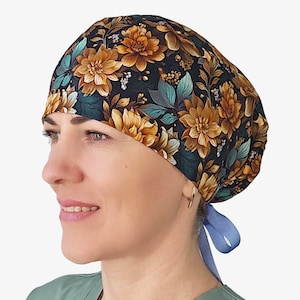 Fall scrub cap for women, floral ponytail surgical cap, nurse cap with buttons