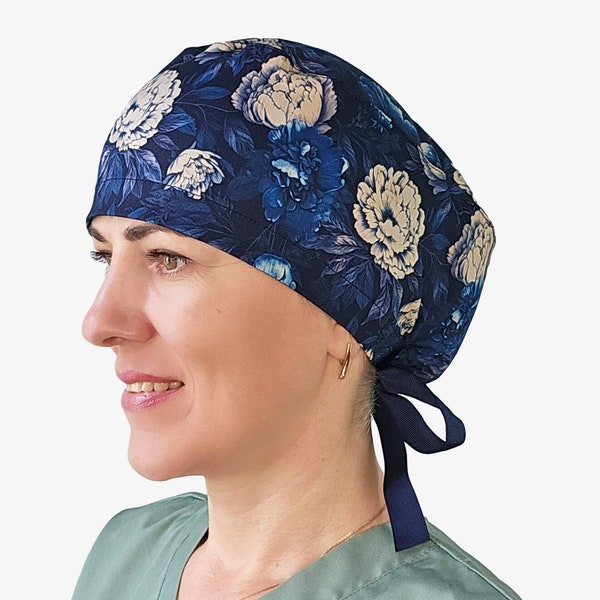 scrub caps for women, floral surgical cap, euro scrub hats with buttons