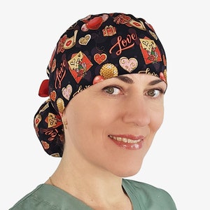 Ponytail scrub cap Valentines, women surgical cap, nurse scrub hats with buttons
