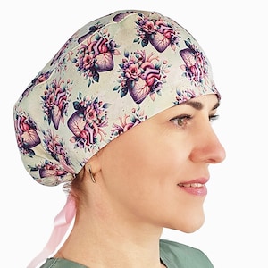 Anatomy heart scrub caps for women, surgical hat ponytail, cardiology nurse cap