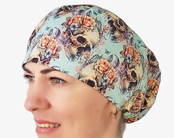 Skull scrub caps for women, floral surgical hat, euro surgery cap, stretchy nurse cap