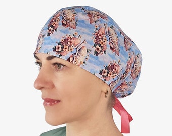 Floral Anatomy Lungs Surgical Scrub Cap, Women's Nurse Cap