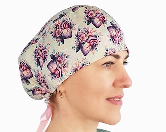 Anatomy heart scrub caps for women, surgical hat ponytail, cardiology nurse cap