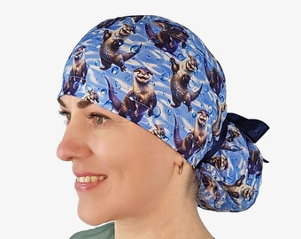 Otters scrub caps, surgical hat for nurses, Unisex Euro Ponytail options