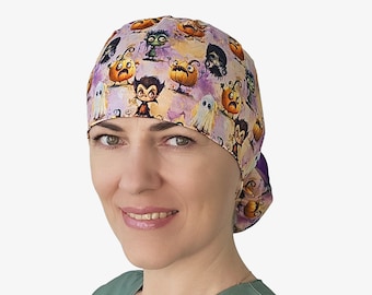 Halloween scrub cap ponytail, scary pumpkin surgical cap, nurse hat with buttons