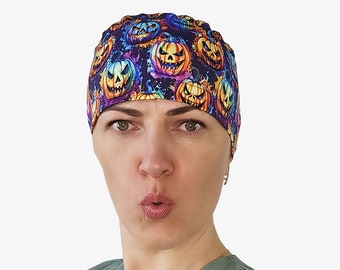 Scary Rainbow Pumpkin Halloween Scrub Cap, Surgical Hat with Buttons