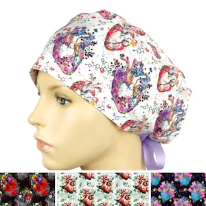 Cardiac scrub caps for women, ponytail surgical nurse cap, anatomy heart surgery cap, scrub hats