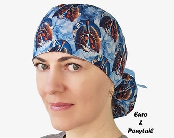 Gorro quirúrgico europeo con estampado de anatomía pulmonar, gorro para coleta, estampado para enfermeras respiratorias.