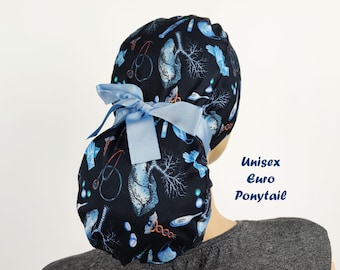 Anatomy Lungs Ponytail Scrub Cap, Washable Cotton Surgical Nurse Hat, Satin Lining