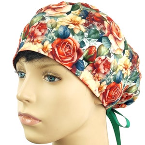 Floral surgical scrub hat, surgery cap for women, scrub caps with buttons, nurse cap