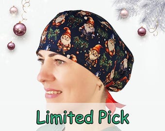 Christmas gnomes surgical cap, ponytail scrub hats for nurses, holiday surgery cap