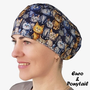 Cat lover scrub caps, stretchy surgical hat for nurses, euro scrub cap with toggle
