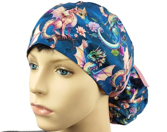 Dragon scrub cap women, ponytail scrub hat, surgical nurse cap with buttons