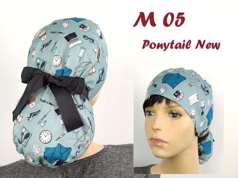 May include: A light blue medical scrub cap with a black bow. The cap is patterned with medical equipment and supplies. Text on the image reads "M 05 Ponytail New".