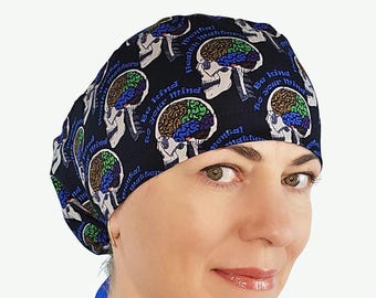 Neuro women scrub caps, anatomy brain surgery hat, ponytail scrub cap, surgical hats