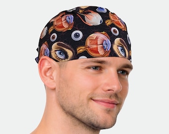 Eye mens scrub cap — Ophthalmology and Optometry Print, Ties or Toggle