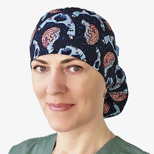 Zombie scrub hat, halloween surgical cap women, ponytail surgery bonnet, nurse cap