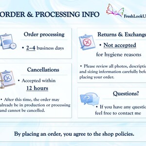 K&ouml;nnte beinhalten: Informationsgrafik mit dem Text &bdquo;ORDER & PROCESSING INFO&ldquo;. Sie enth&auml;lt Details zu Bestellbearbeitungszeiten von 2-4 Werktagen, Stornierungen innerhalb von 12 Stunden und Informationen zu R&uuml;cksendungen/Umtausch. Die Shop-Richtlinien werden ebenfalls genannt.
