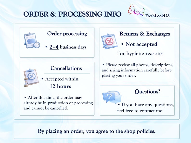 K&ouml;nnte beinhalten: Informationsgrafik mit dem Text &bdquo;ORDER & PROCESSING INFO&ldquo;. Sie enth&auml;lt Details zu Bestellbearbeitungszeiten von 2-4 Werktagen, Stornierungen innerhalb von 12 Stunden und Informationen zu R&uuml;cksendungen/Umtausch. Die Shop-Richtlinien werden ebenfalls genannt.