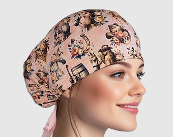 May include: A pink scrub cap with a repeating pattern of cowboy hats, horses, horseshoes, and floral bouquets. The cap has a light pink ribbon tie in the back. The design includes brown, tan, and cream colors.
