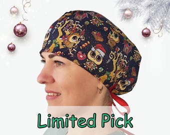 Christmas Owl Scrub Cap, Funny Winter Surgical Hat for Nurses
