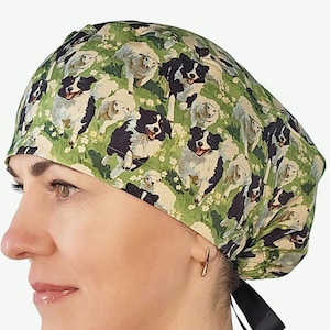 Dogs and sheeps scrub cap, woman surgical cap, vet surgeon hat, border collie