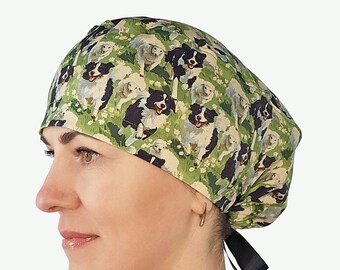 Dogs and sheeps scrub cap, woman surgical cap, vet surgeon hat, border collie