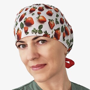 Surgical ponytail scrub cap, scrub hats for women, strawberry nurse cap, fruit surgery cap