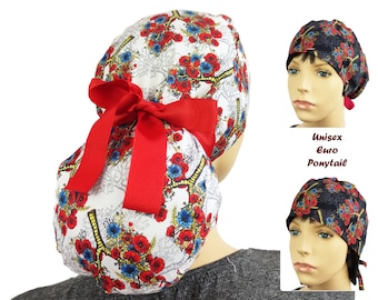 Gorro quirúrgico con estampado floral de pulmones y cola de caballo, gorro de algodón, opción con forro de satén.