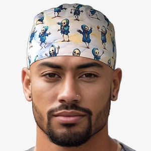 Funny man scrub cap with skeletons, surgical cap, Halloween mens scrub hat