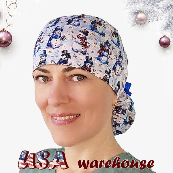 Christmas surgical cap with Snowman winter ponytail scrub caps for women nurse hats funny surgery cap