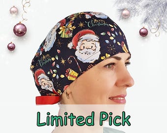Santa print Scrub Cap, Christmas Women Surgical Hat, Nurse Cap