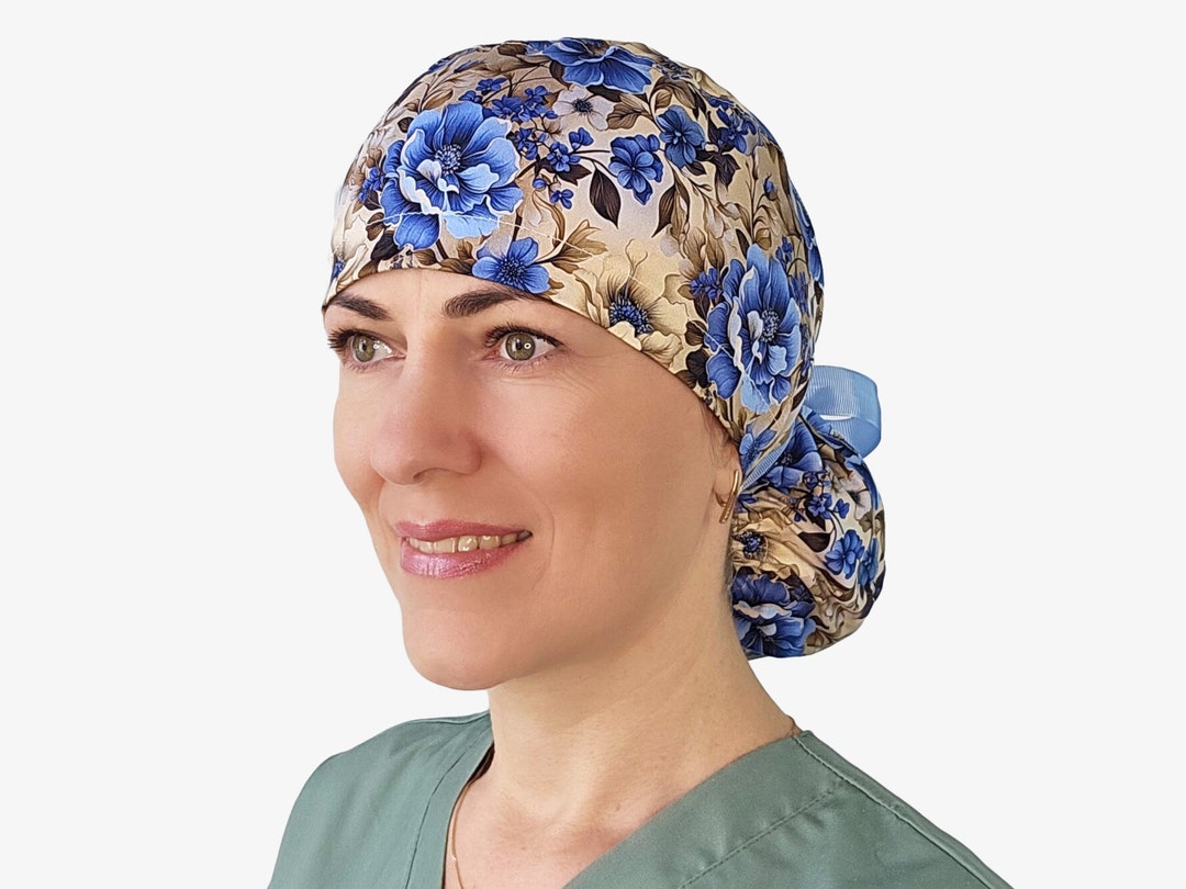 Floral Scrub Caps for Women, Blue Ponytail Surgical Cap, Boho Flower