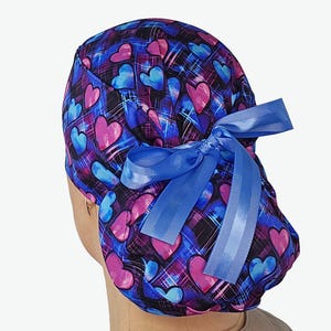Hearts scrub caps for women, surgery nurse cap with toggle, ponytail scrub hat