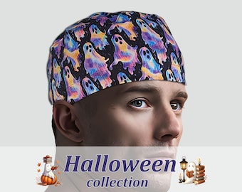 Halloween man scrub cap, Ghost surgical hat, unisex tie back with buttons