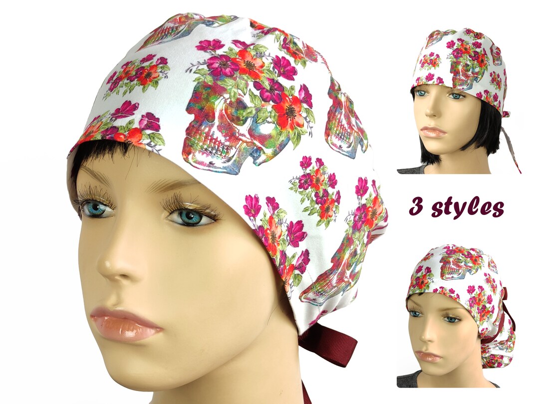 Floral Skull Scrub Caps for Women, Ponytail Surgical Hat, Nurse Bonnet ...