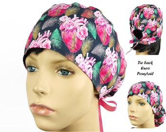 Surgical hat, women scrub cap ponytail, floral anatomy heart, nurse cap with buttons