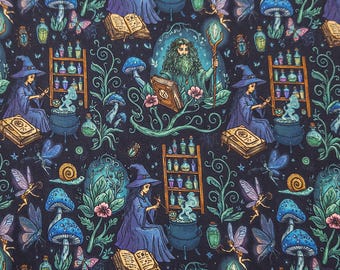 wizard witch scrub cap: navy botanical fantasy surgical hat with potions, crystals and fairies
