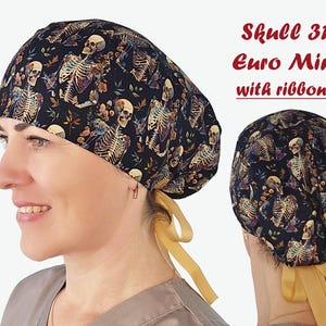 Gorro quirúrgico de esqueleto, huesos y cráneo, gorro quirúrgico de anatomía para mujer, gorro de enfermera con botones Skull31 EuroMini rib