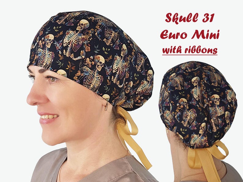 Gorro quirúrgico de esqueleto, huesos y cráneo, gorro quirúrgico de anatomía para mujer, gorro de enfermera con botones Skull31 EuroMini rib