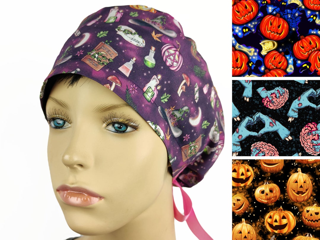 Scrub Cap Buttons, Scrub Surgical Cap, Surgical Cap Women, Ponytail Scrub Cap, Halloween Nurse