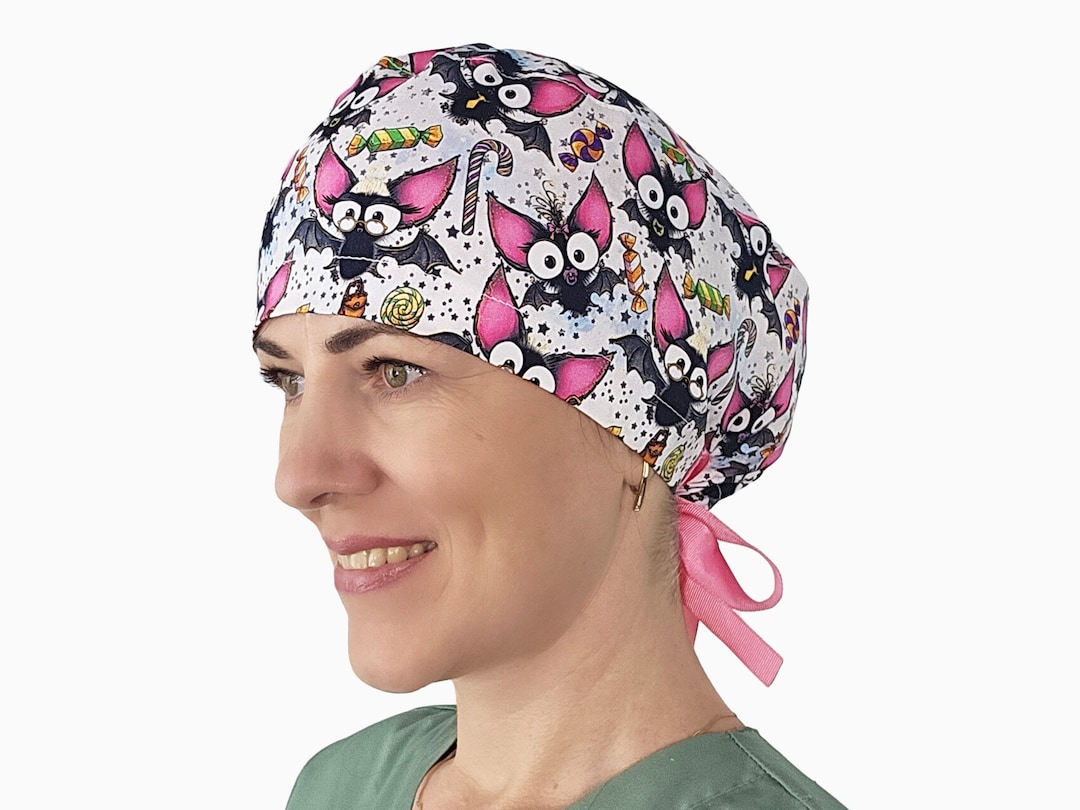 Halloween Surgical Scrub Hat: Pumpkin Kitty Print, Satin