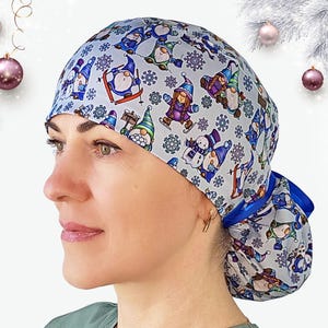 Surgical cap with Christmas gnomes, women ponytail scrub cap, nurse hats, surgery cap