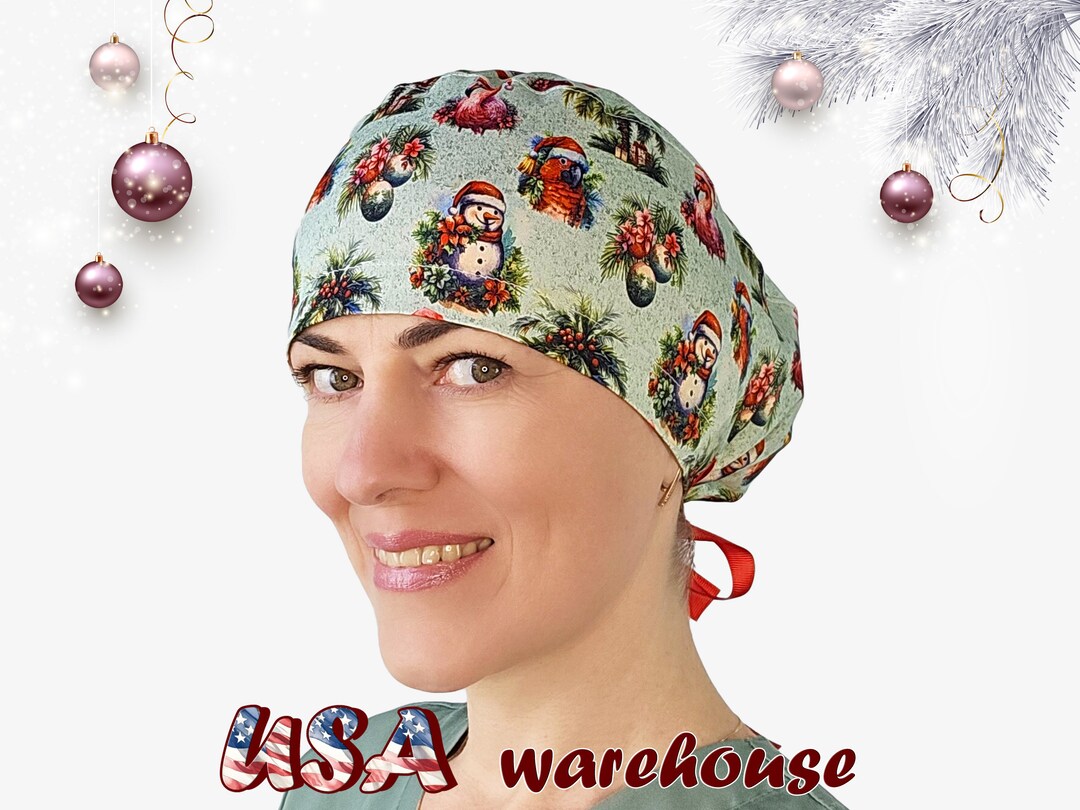 Tropical Christmas Scrub Cap, Surgical Caps Women, Ponytail Scrub Cap