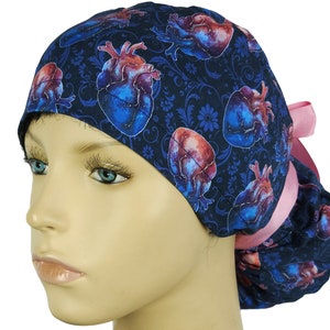 Anatomy heart scrub caps for women, surgical hat ponytail, cardiology nurse cap