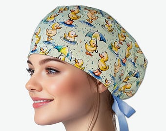 Ducks scrub caps, ponytail surgical hat for nurses, pediatric style surgery hat, satin lining